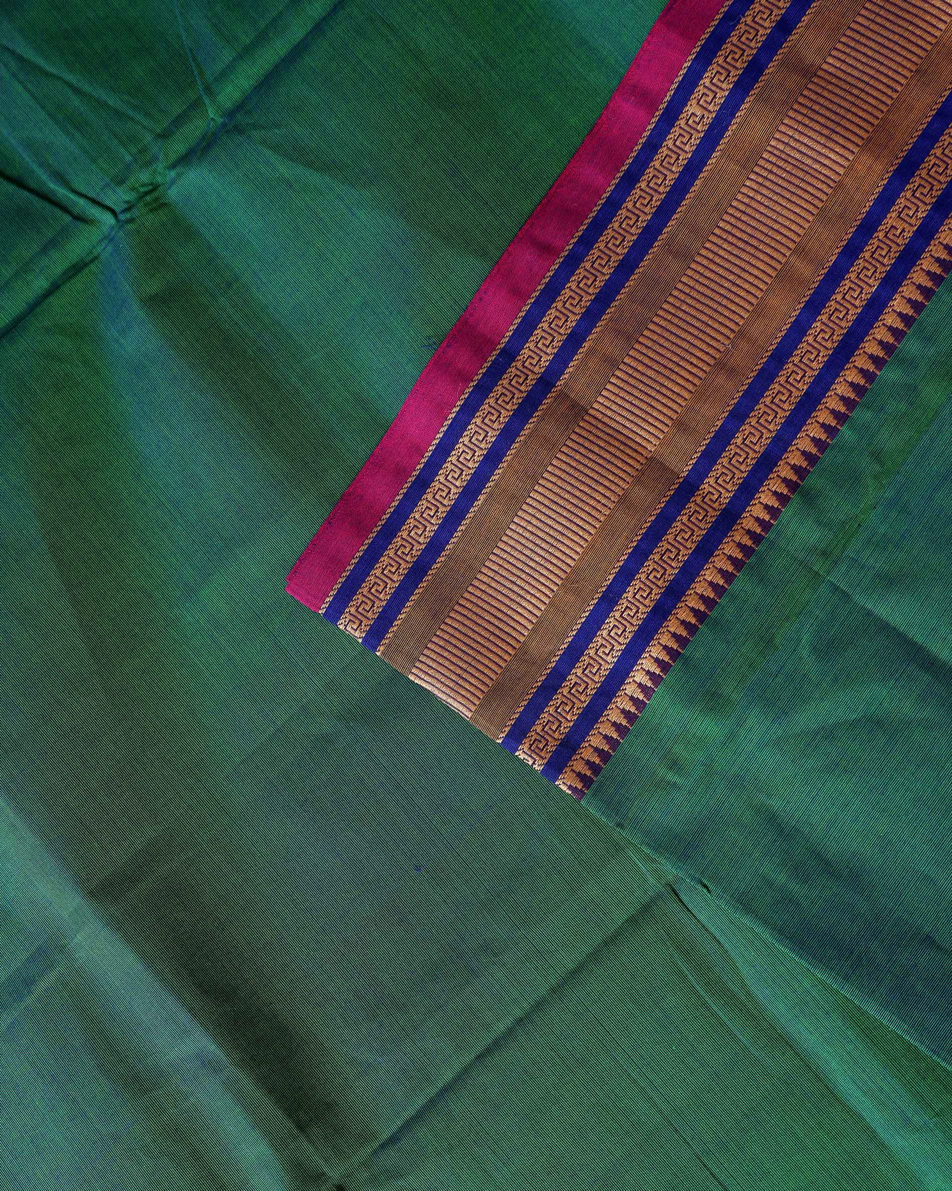 Traditional Chettinad Cotton Saree with Rich Zari Woven Temple Border and Classic Handloom Body - Green