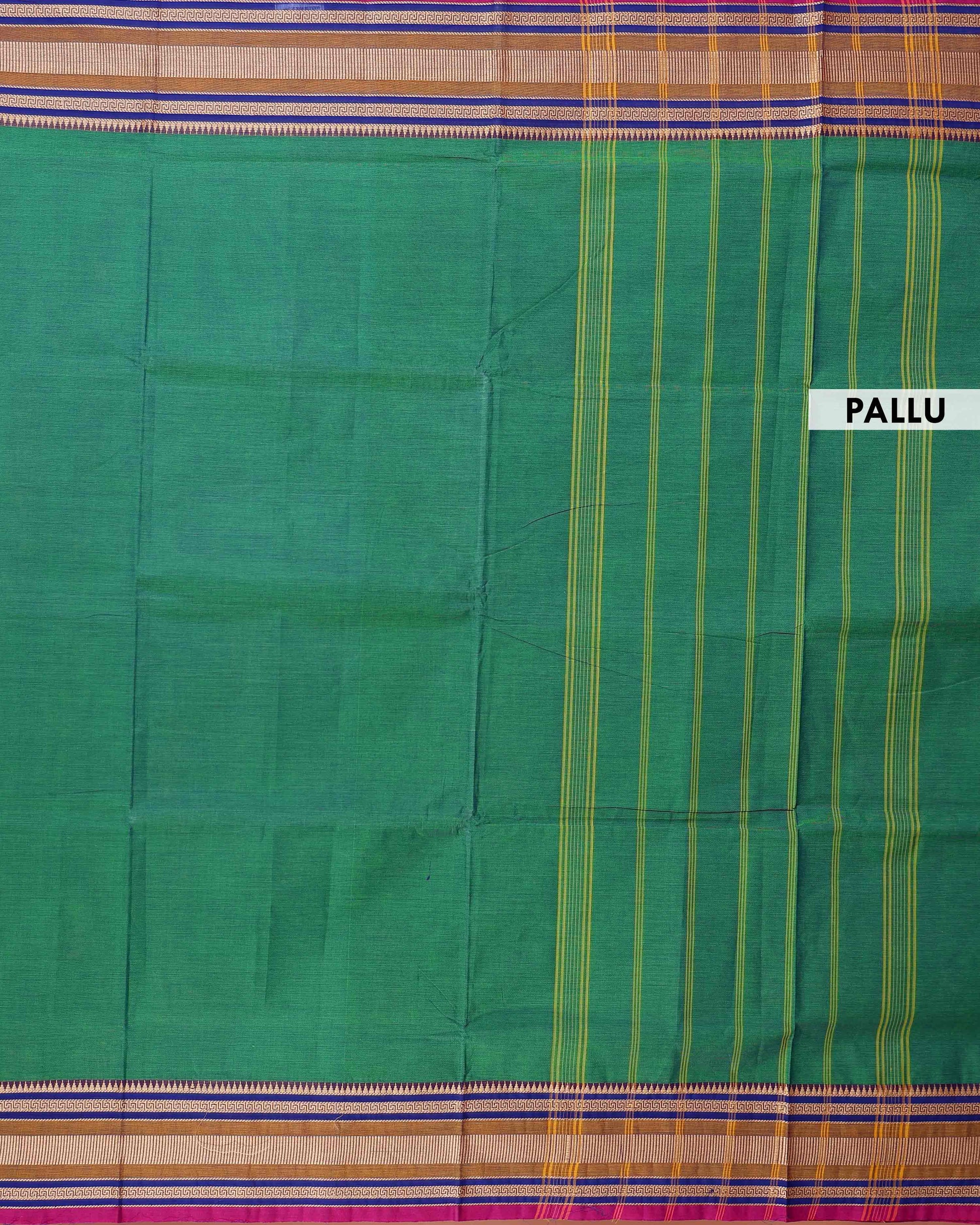 Traditional Chettinad Cotton Saree with Rich Zari Woven Temple Border and Classic Handloom Body - Green