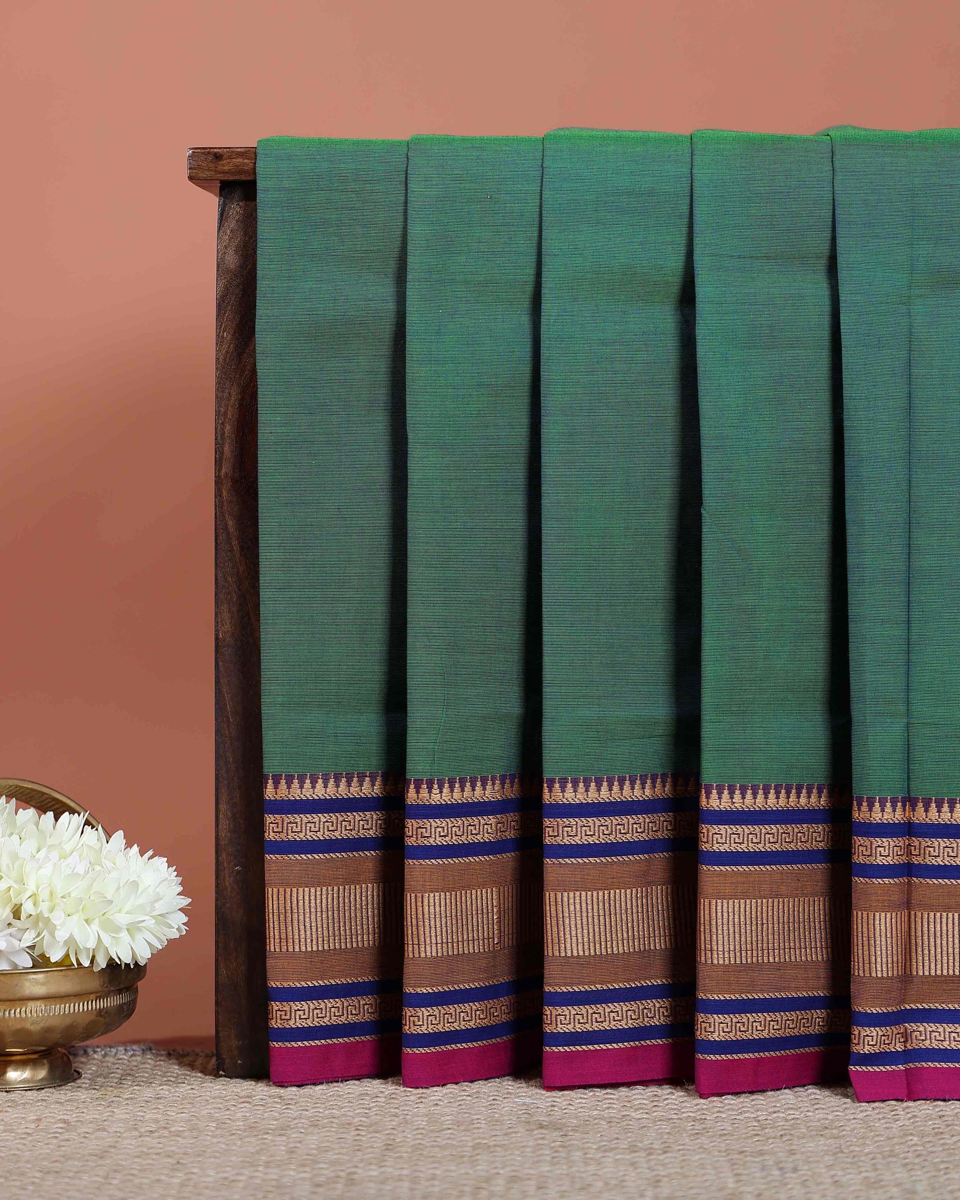 Traditional Chettinad Cotton Saree with Rich Zari Woven Temple Border and Classic Handloom Body - Green