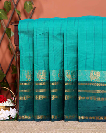 Traditional Chettinad Cotton Saree with Stripe Body and Peacock Motif Border - Green