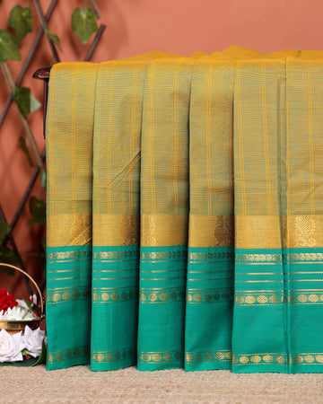 Traditional Chettinad Cotton Saree with Stripe Body and Peacock Motif Border - Olive Green
