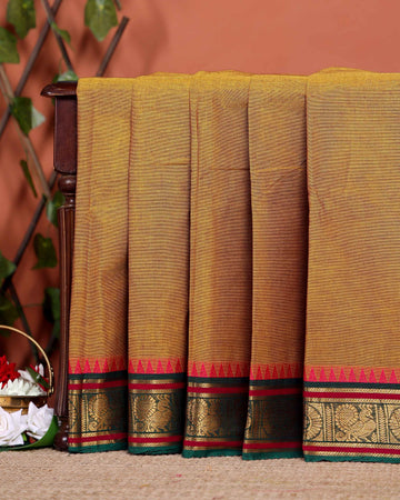 Traditional Chettinad Cotton Saree with Traditional Zari Border and Peacock Motifs - Olive Green