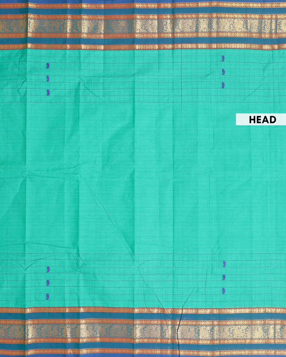 Traditional Chettinad Cotton Saree with a Striped Body and Temple Motif Border -  Aqua Blue