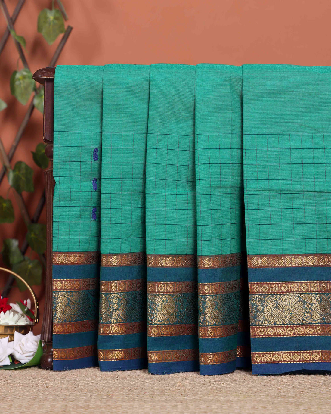 Traditional Chettinad Cotton Saree with a Striped Body and Temple Motif Border -  Aqua Blue