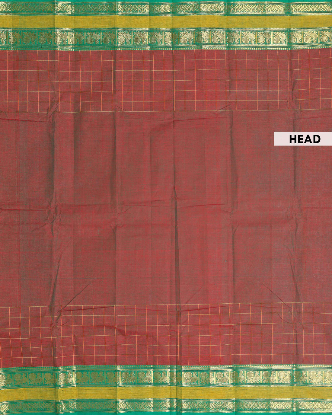 Traditional Chettinad Cotton Saree with a Striped Body and Temple Motif Border - Brown