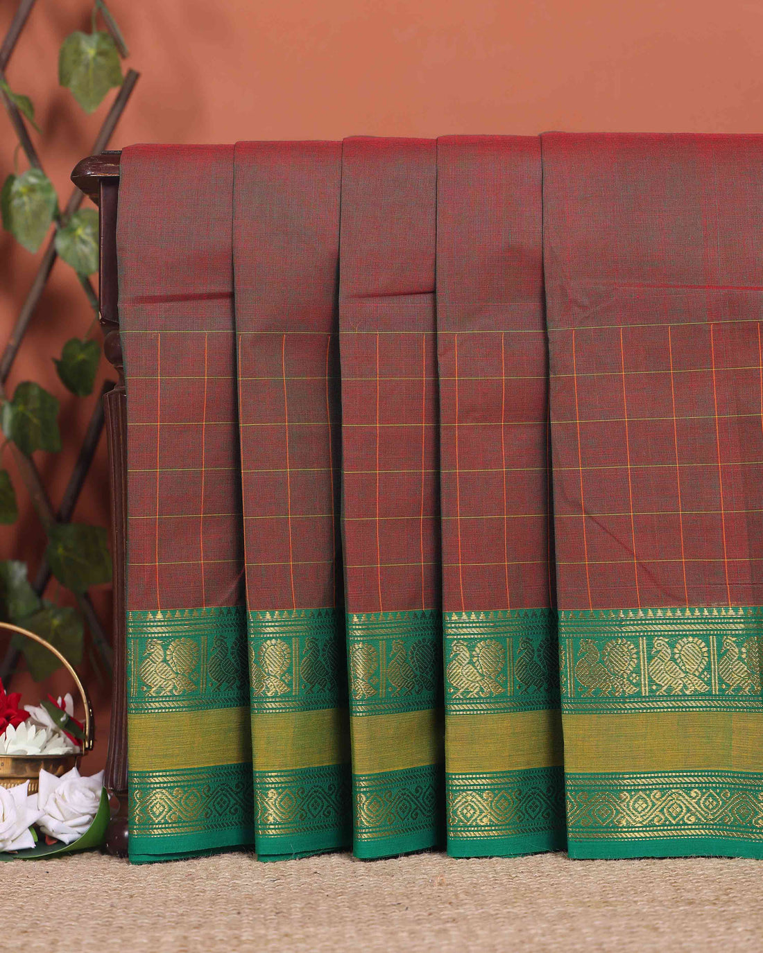 Traditional Chettinad Cotton Saree with a Striped Body and Temple Motif Border - Brown