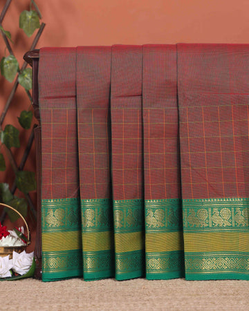 Traditional Chettinad Cotton Saree with a Striped Body and Temple Motif Border - Brown