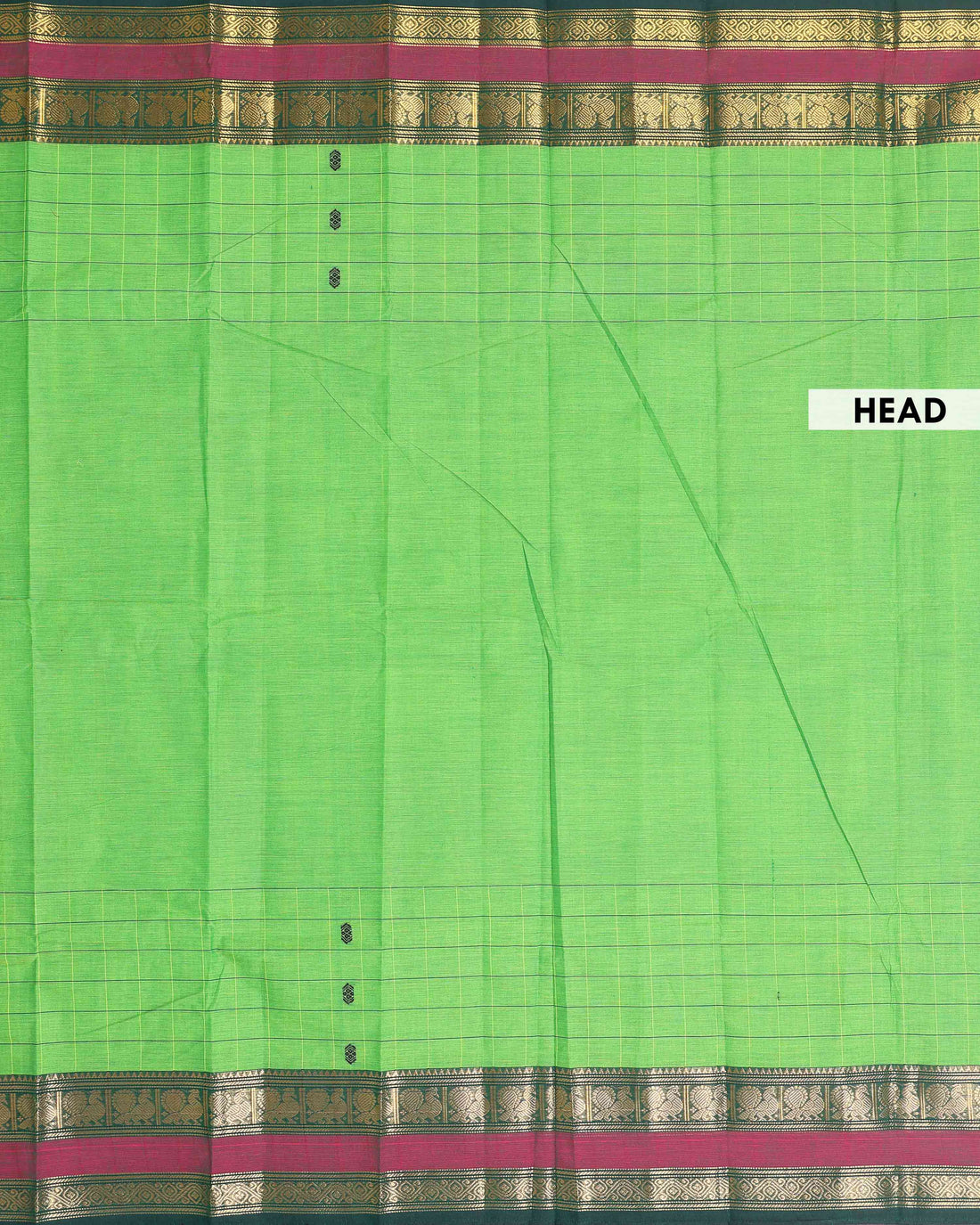 Traditional Chettinad Cotton Saree with a Striped Body and Temple Motif Border - Green