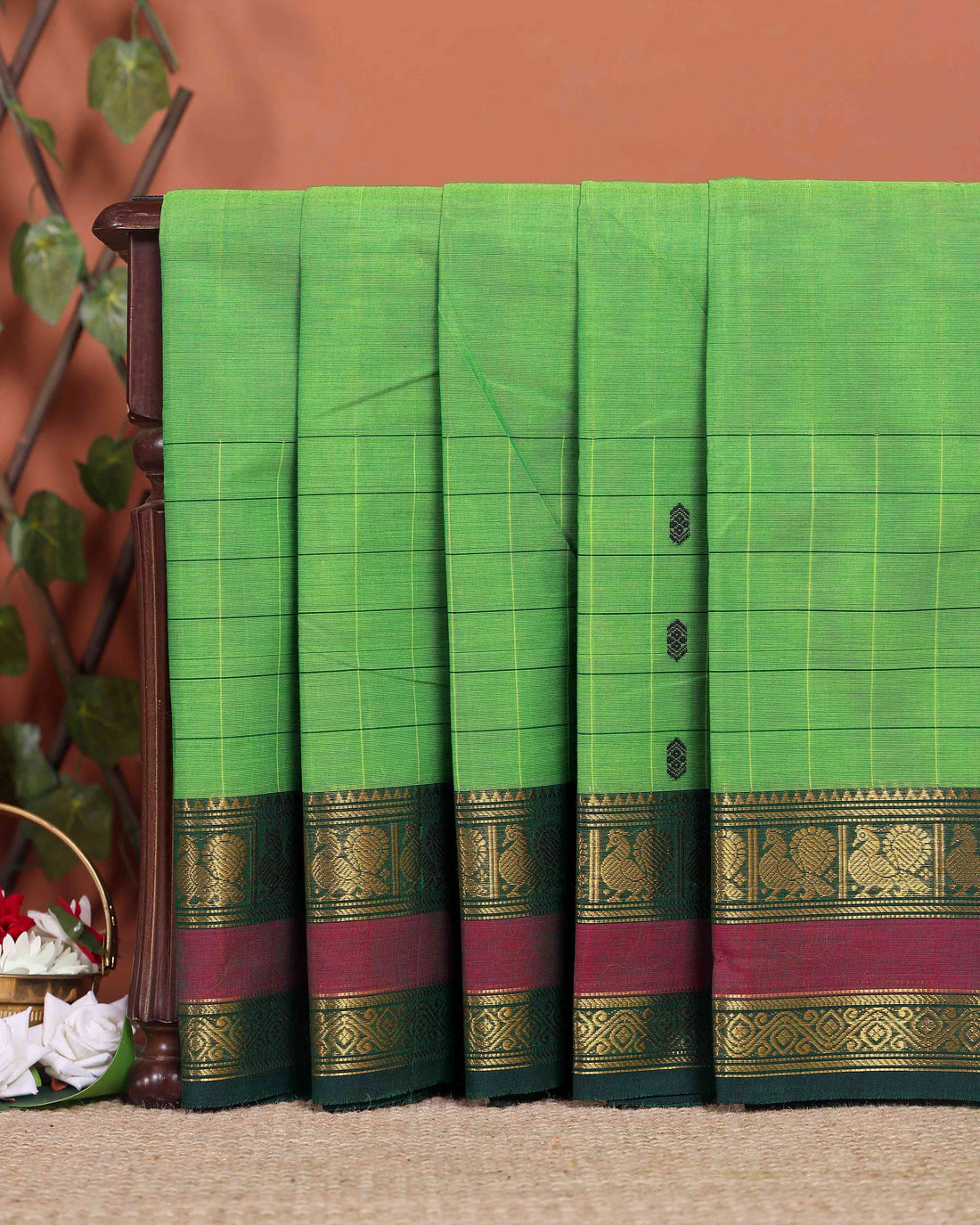 Traditional Chettinad Cotton Saree with a Striped Body and Temple Motif Border - Green