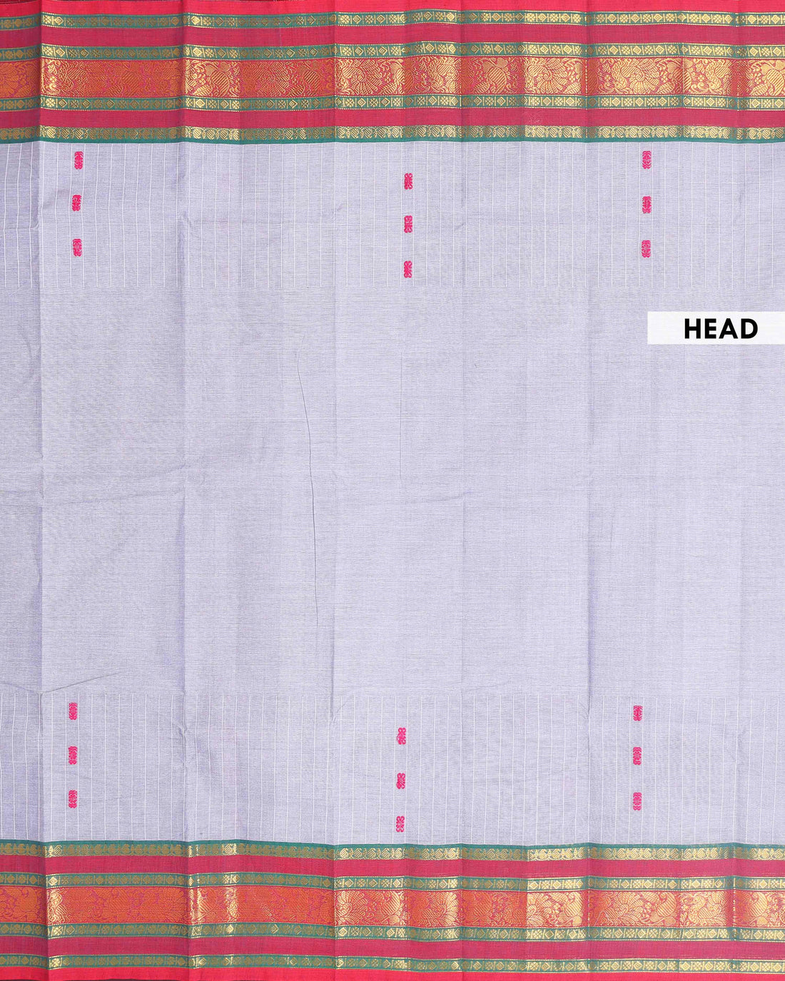 Traditional Chettinad Cotton Saree with a Striped Body and Temple Motif Border - Grey