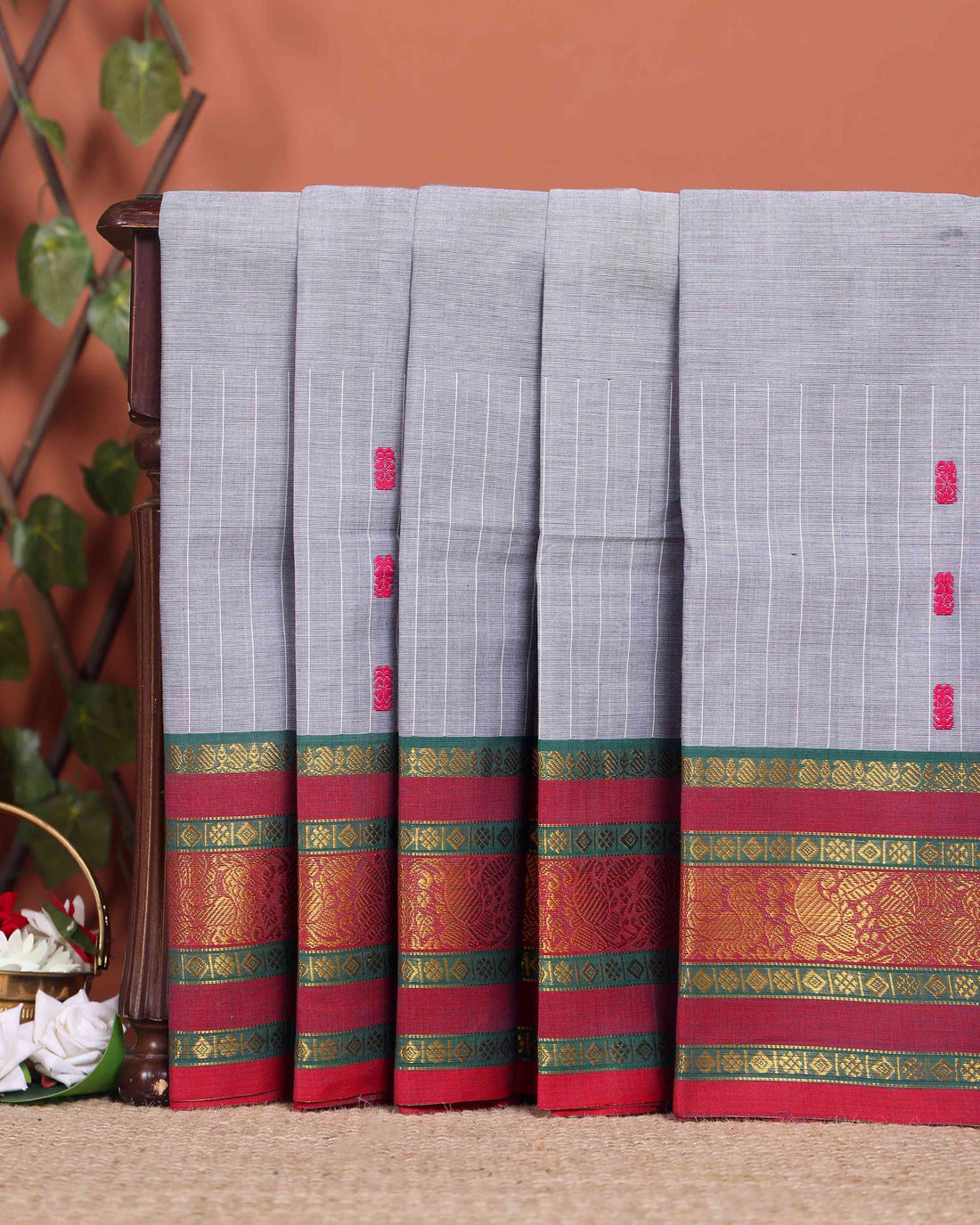 Traditional Chettinad Cotton Saree with a Striped Body and Temple Motif Border - Grey