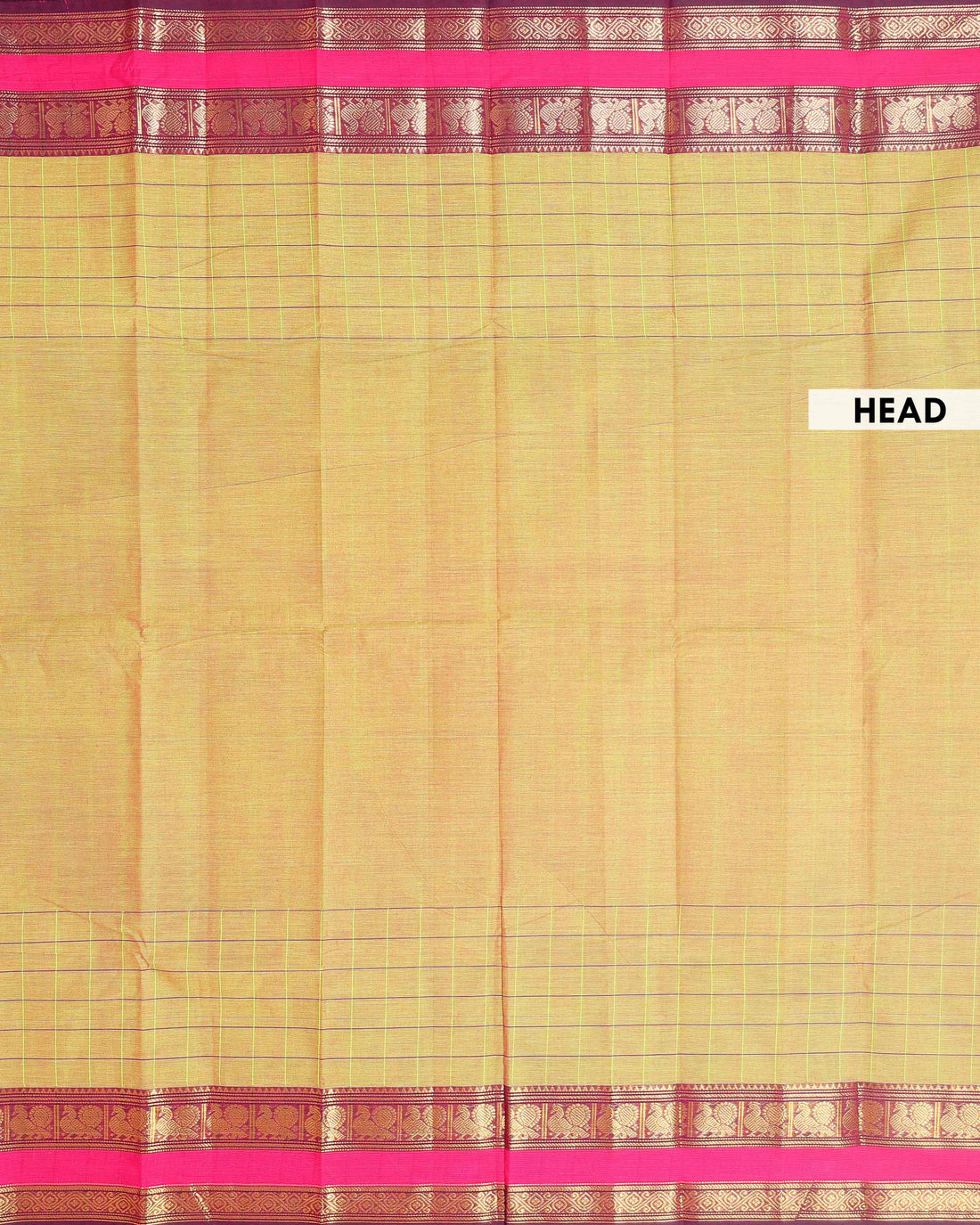 Traditional Chettinad Cotton Saree with a Striped Body and Temple Motif Border - Olive Green