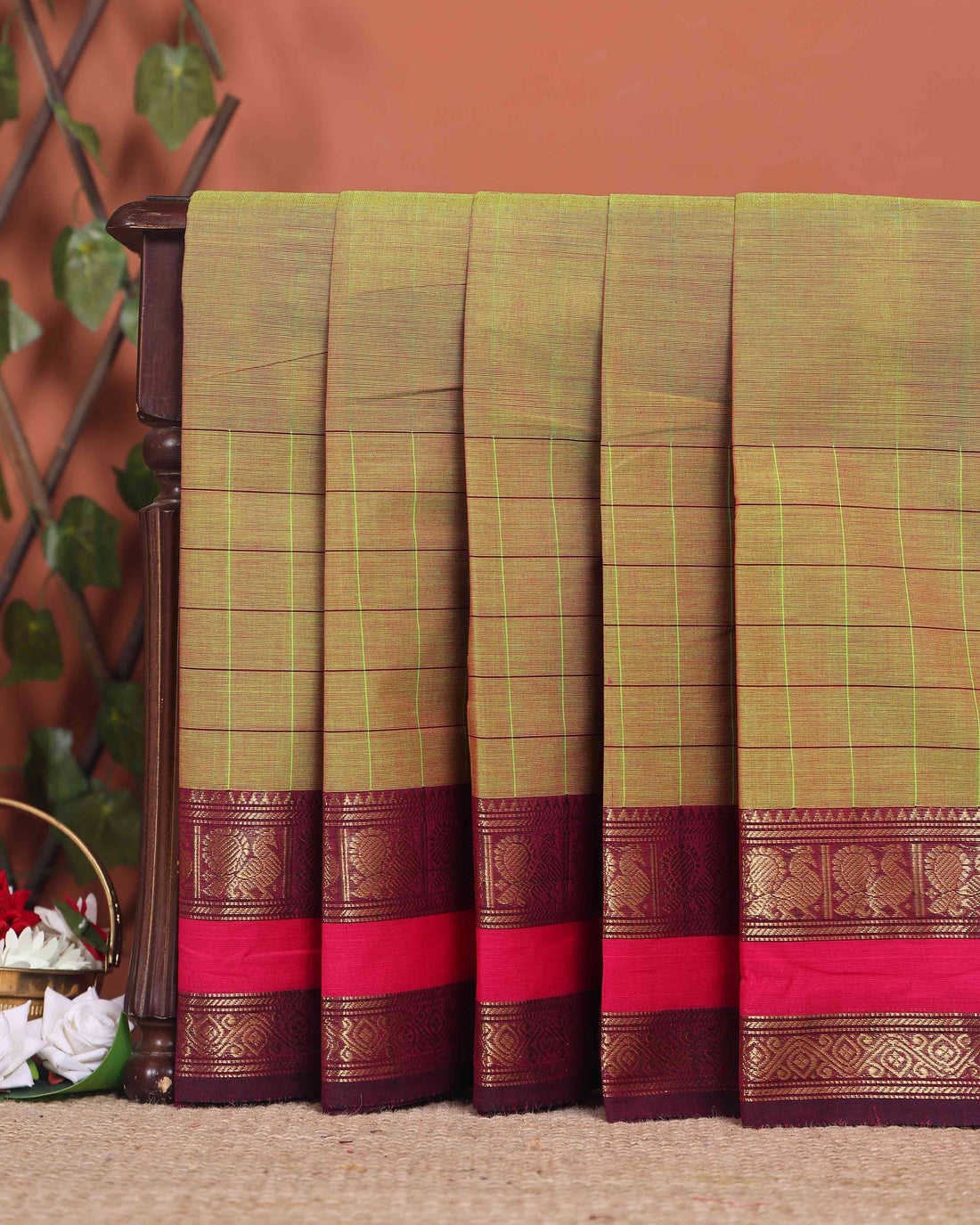 Traditional Chettinad Cotton Saree with a Striped Body and Temple Motif Border - Olive Green