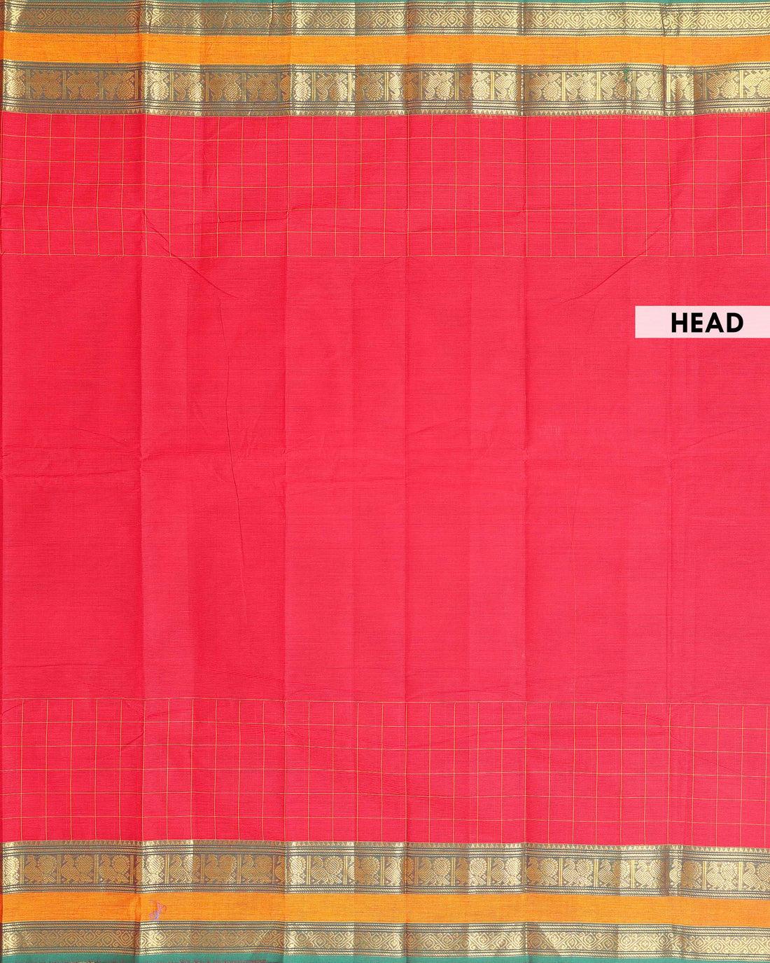 Traditional Chettinad Cotton Saree with a Striped Body and Temple Motif Border - Red