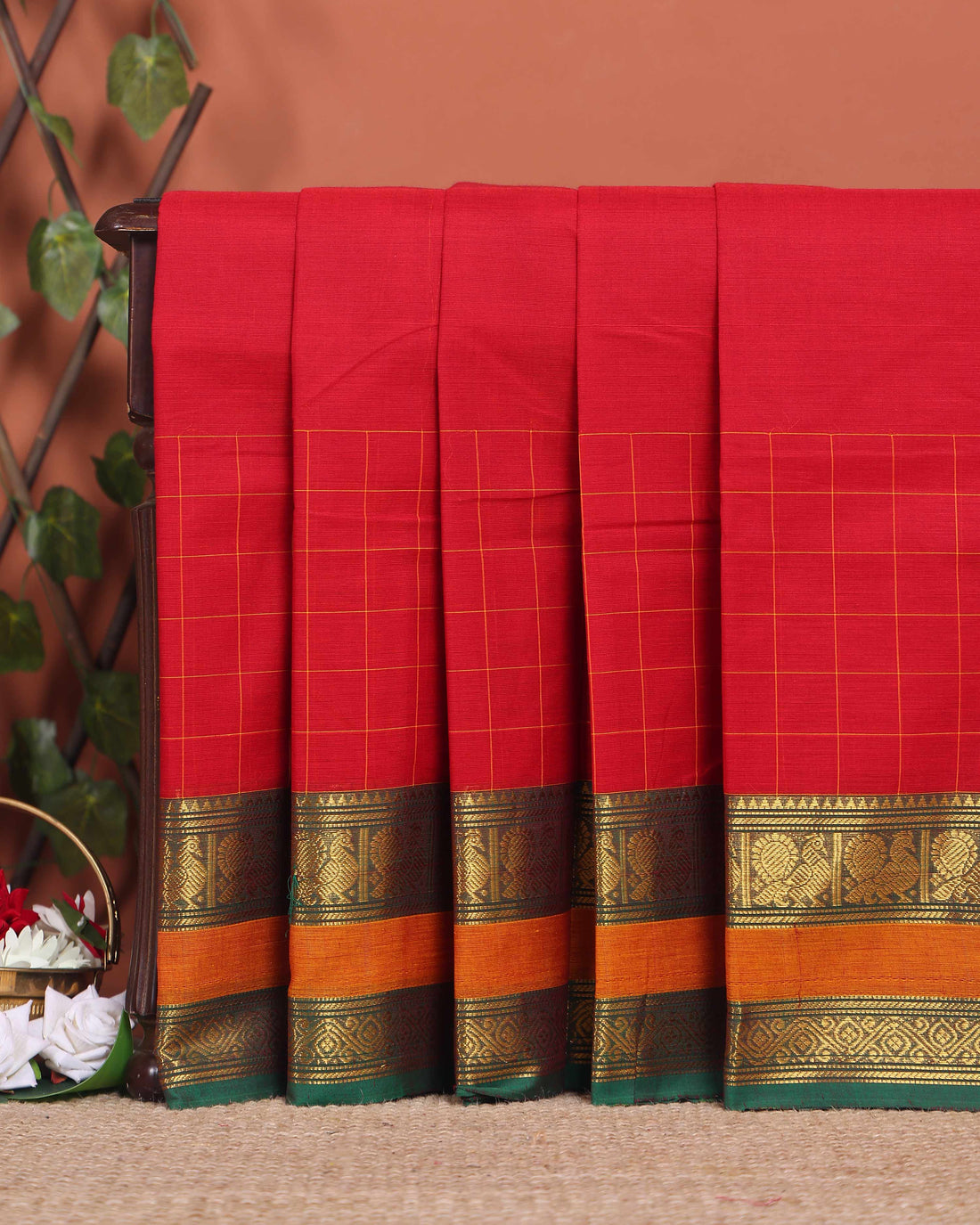 Traditional Chettinad Cotton Saree with a Striped Body and Temple Motif Border - Red