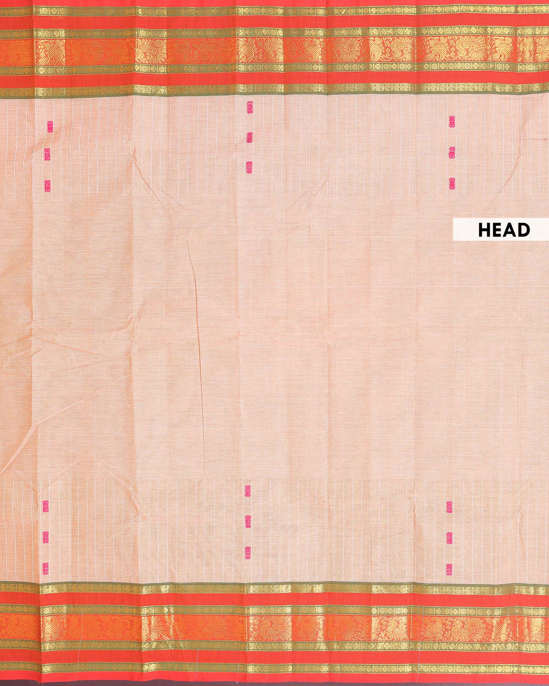 Traditional Chettinad Cotton Saree with a Striped Body and Temple Motif Border - Sandal