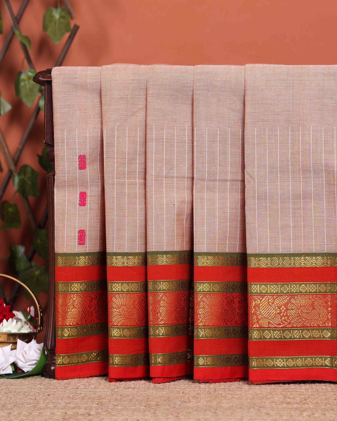 Traditional Chettinad Cotton Saree with a Striped Body and Temple Motif Border - Sandal