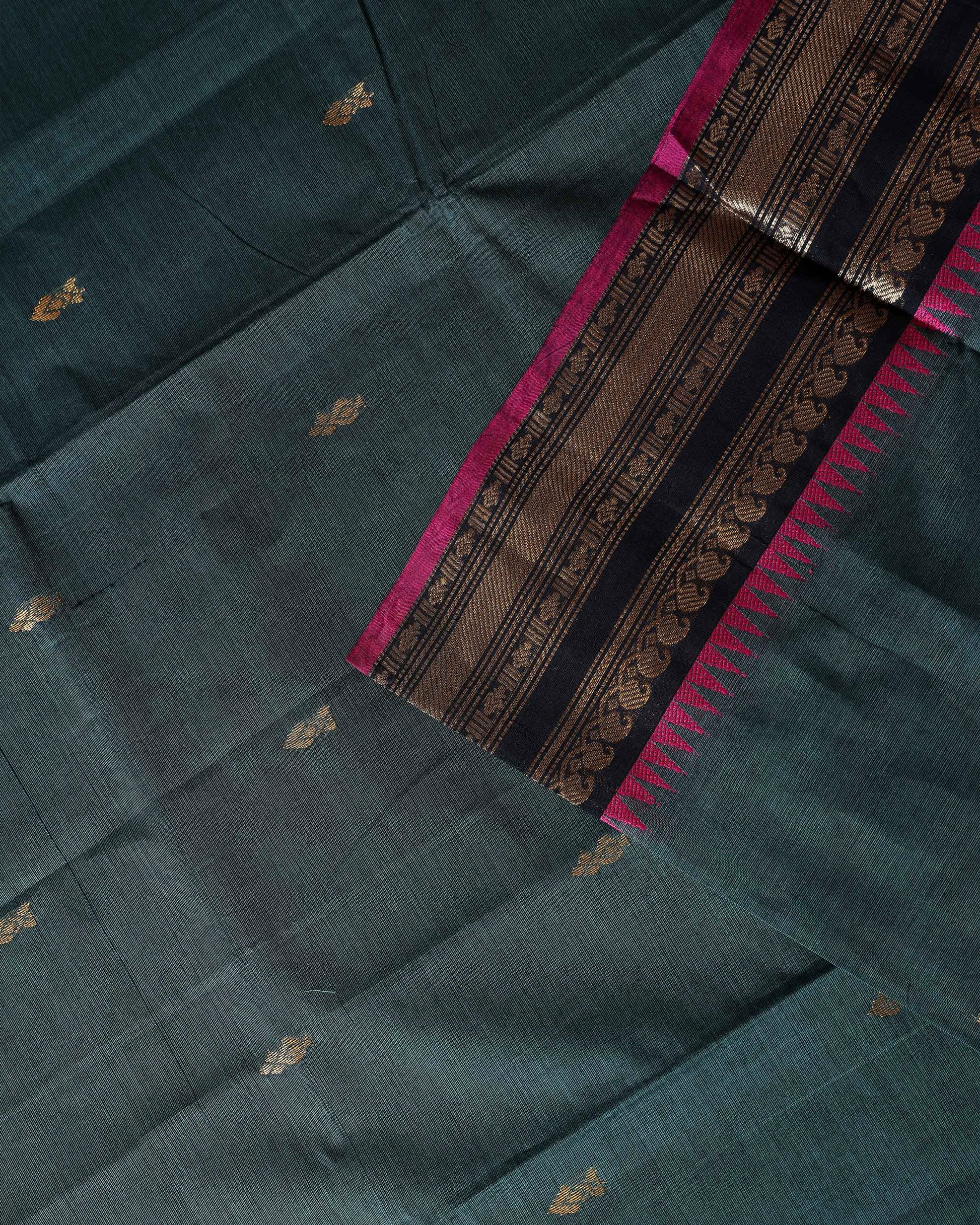 Traditional Chettinad Handloom Cotton Saree with Contrast Temple Zari Border and Small Butta Work - Teal