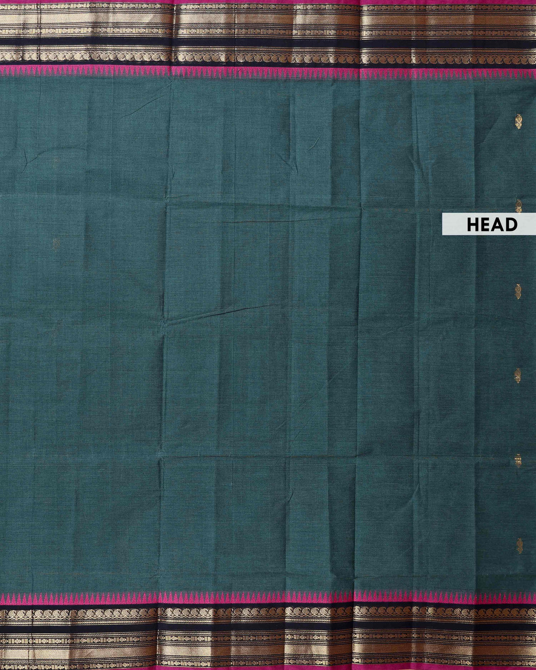 Traditional Chettinad Handloom Cotton Saree with Contrast Temple Zari Border and Small Butta Work - Teal