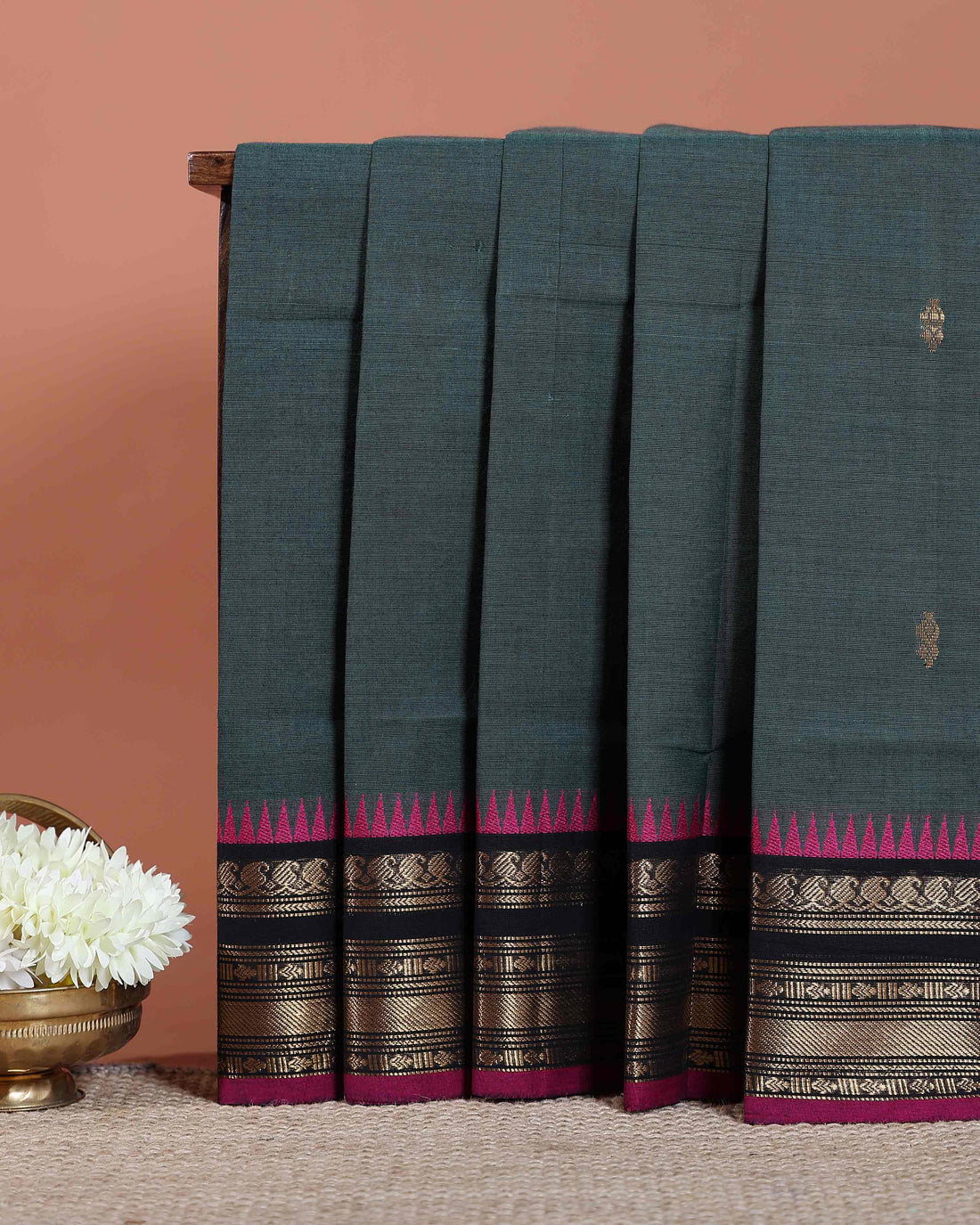 Traditional Chettinad Handloom Cotton Saree with Contrast Temple Zari Border and Small Butta Work - Teal