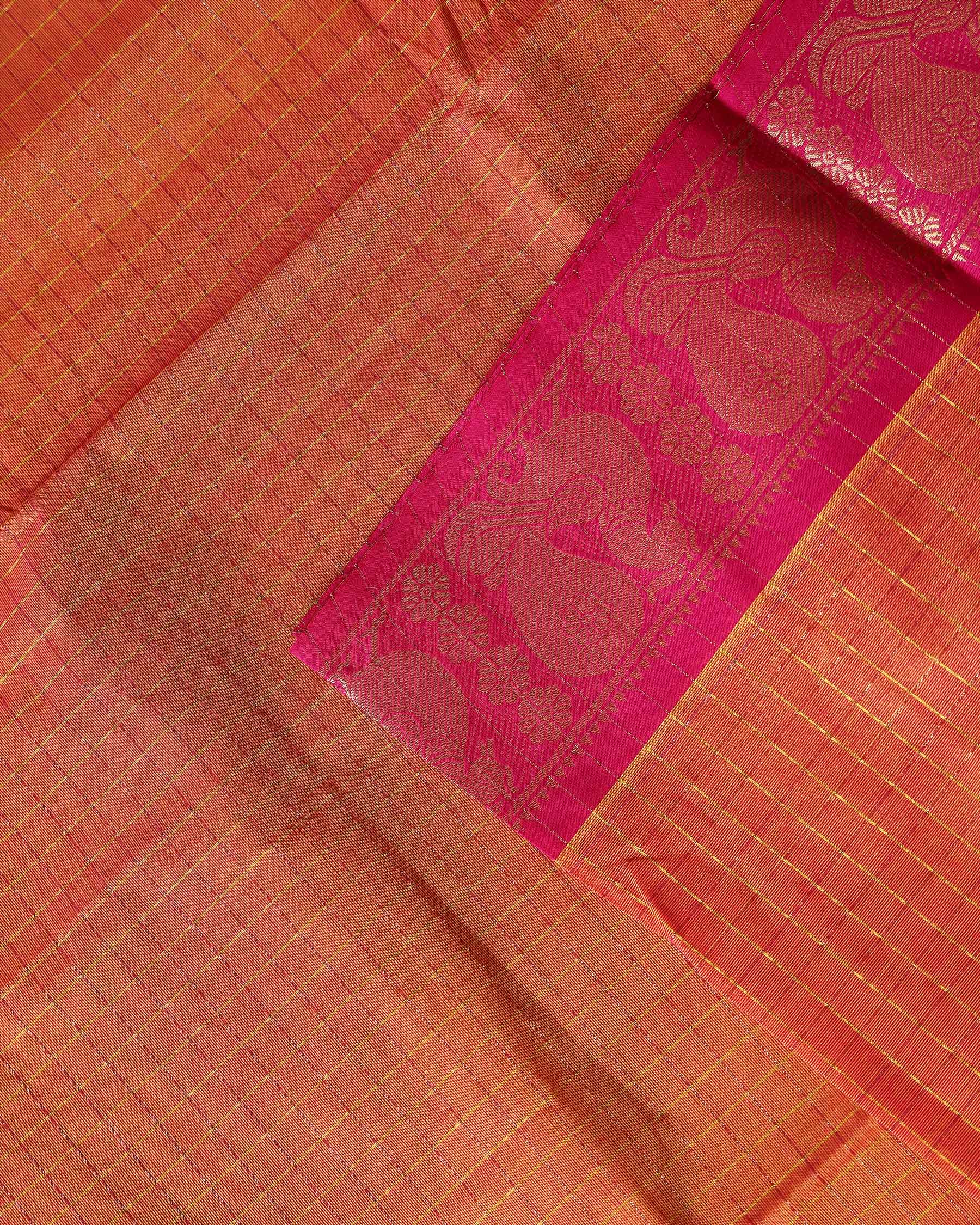 Traditional Chettinad Handloom Cotton Saree with Golden Checked Body and Peacock Motif Zari Border - Orange