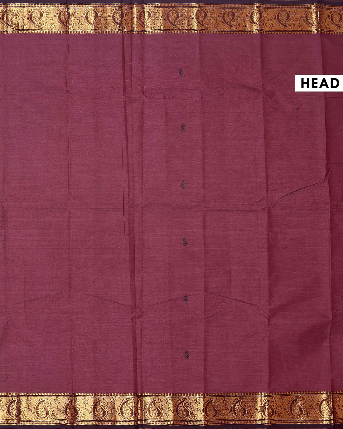 Traditional Chettinad Handloom Cotton Saree with Golden Zari Woven Border and Buttas - Brown