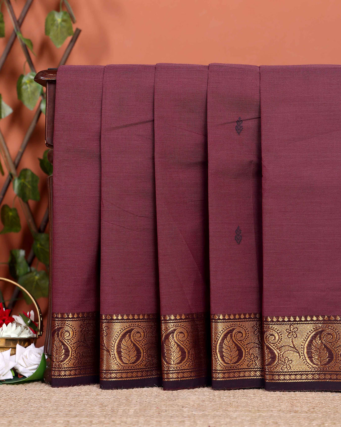 Traditional Chettinad Handloom Cotton Saree with Golden Zari Woven Border and Buttas - Brown