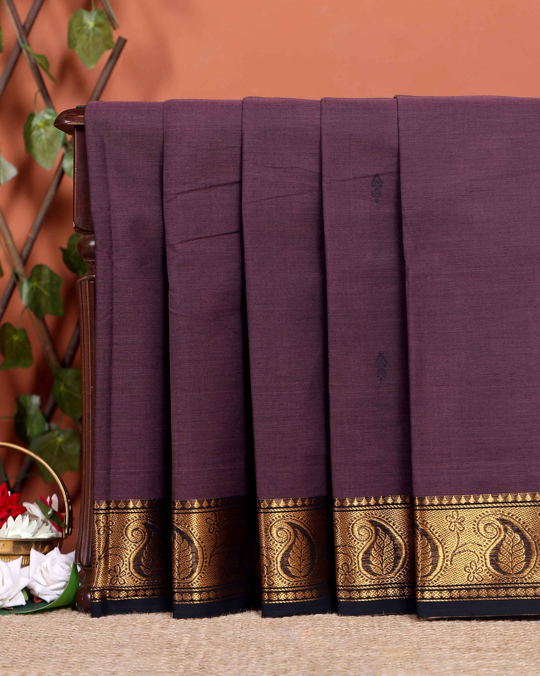 Traditional Chettinad Handloom Cotton Saree with Golden Zari Woven Border and Buttas - Dark Brown