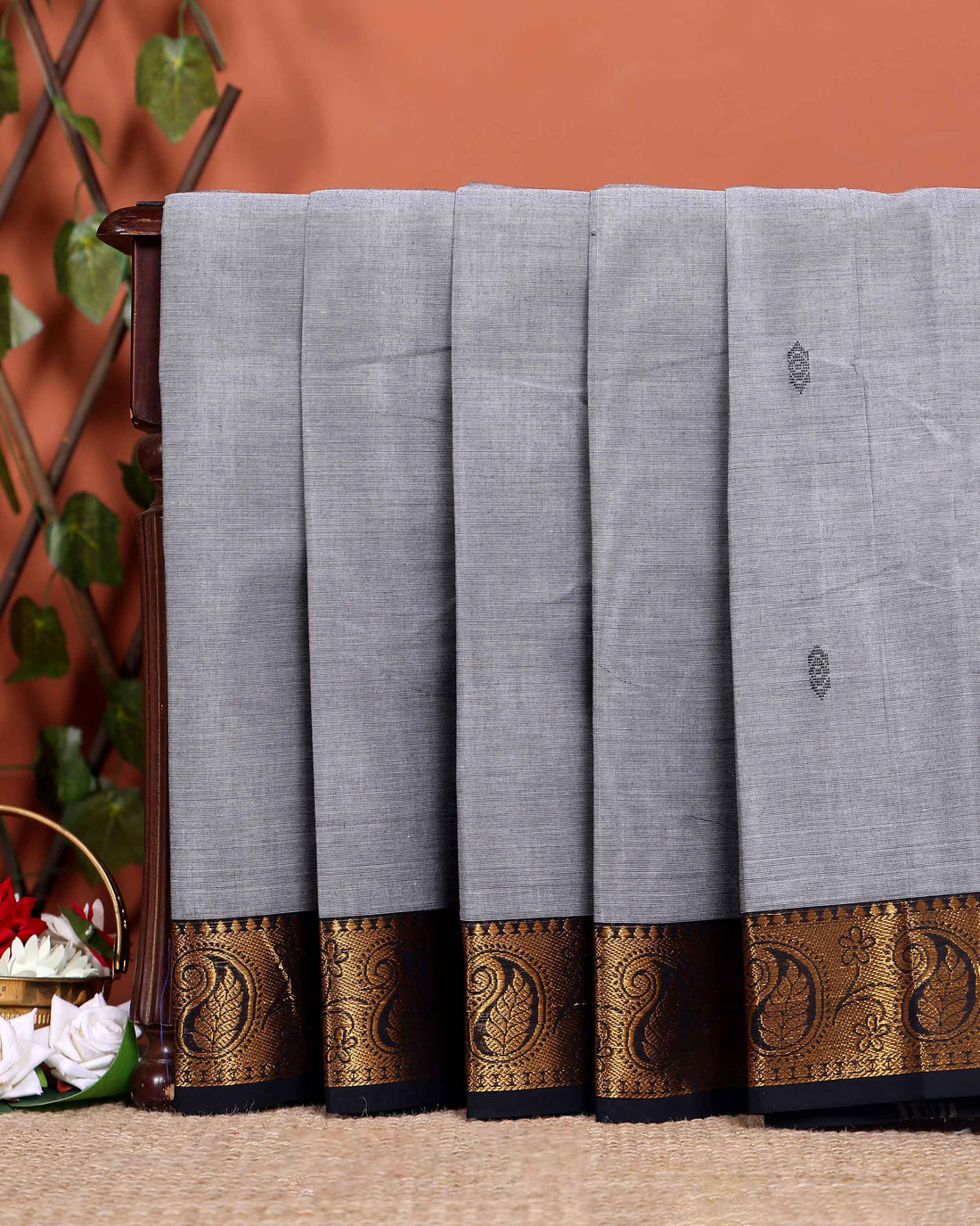 Traditional Chettinad Handloom Cotton Saree with Golden Zari Woven Border and Buttas - Grey