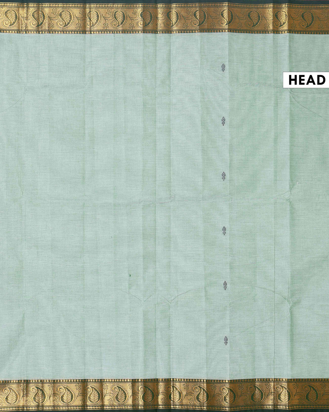 Traditional Chettinad Handloom Cotton Saree with Golden Zari Woven Border and Buttas - Light Green