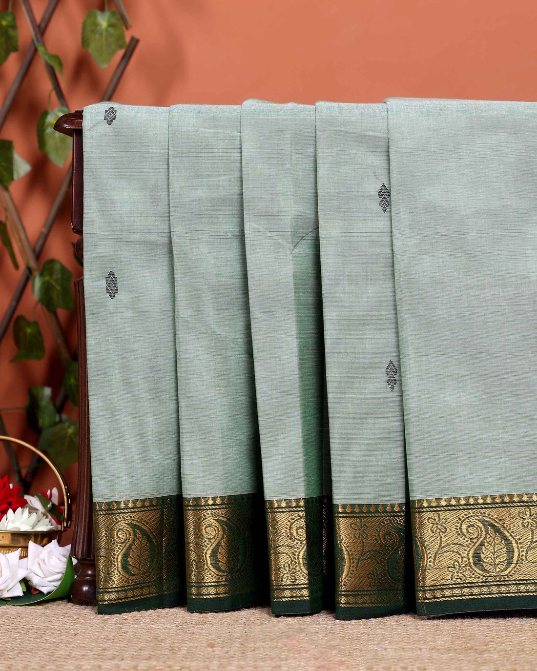 Traditional Chettinad Handloom Cotton Saree with Golden Zari Woven Border and Buttas - Light Green