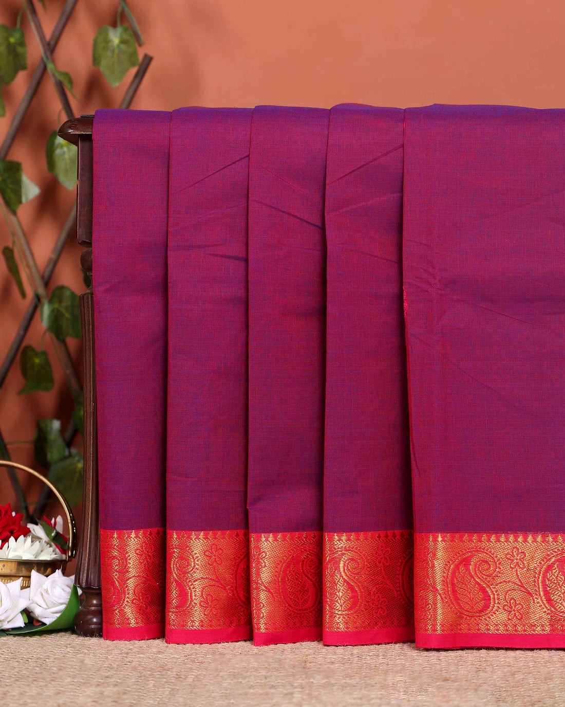 Traditional Chettinad Handloom Cotton Saree with Golden Zari Woven Border and Buttas - Purple