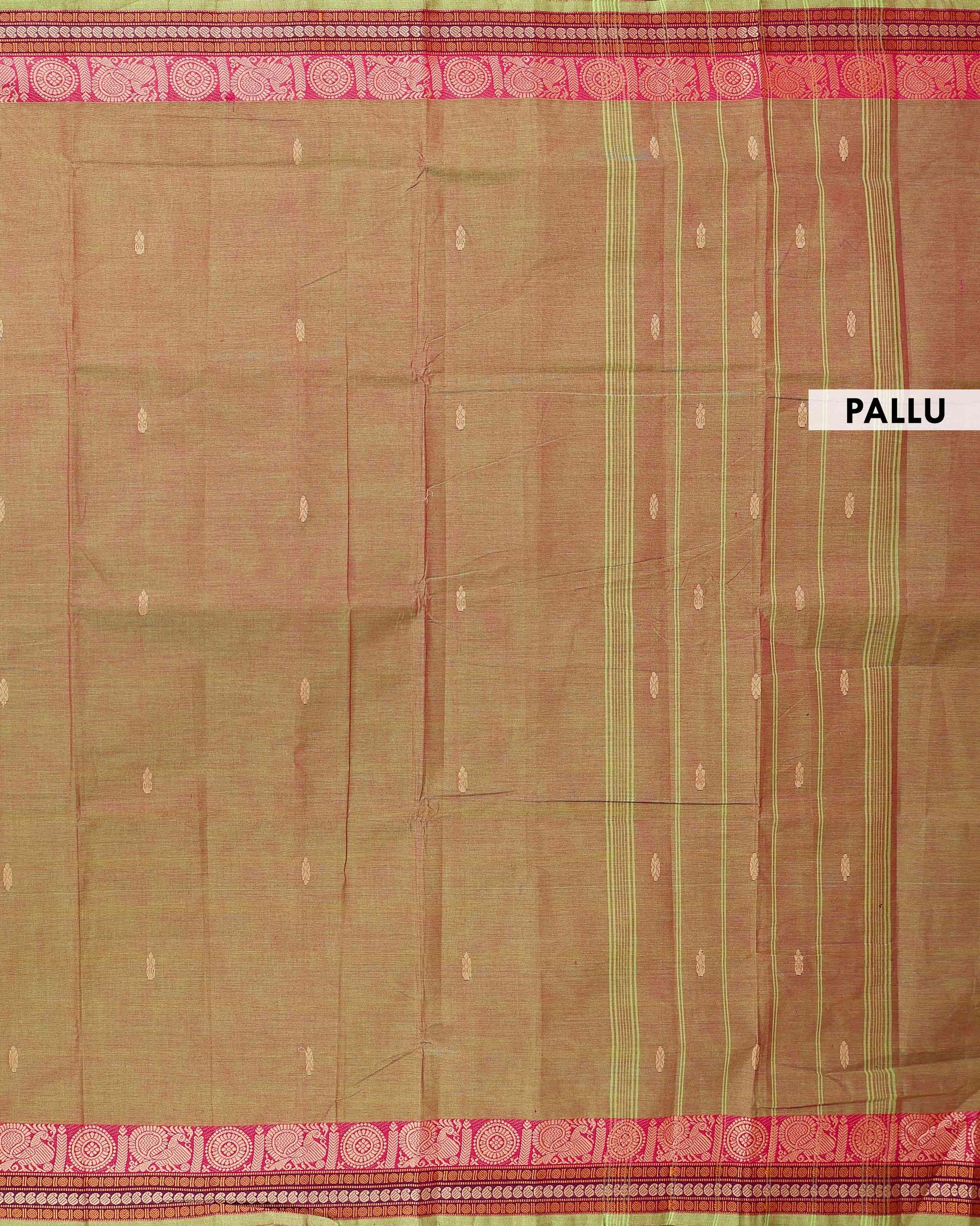 Traditional Chettinad Handloom Cotton Saree with Rich Jacquard Woven Temple and Paisley Border -Olive Green