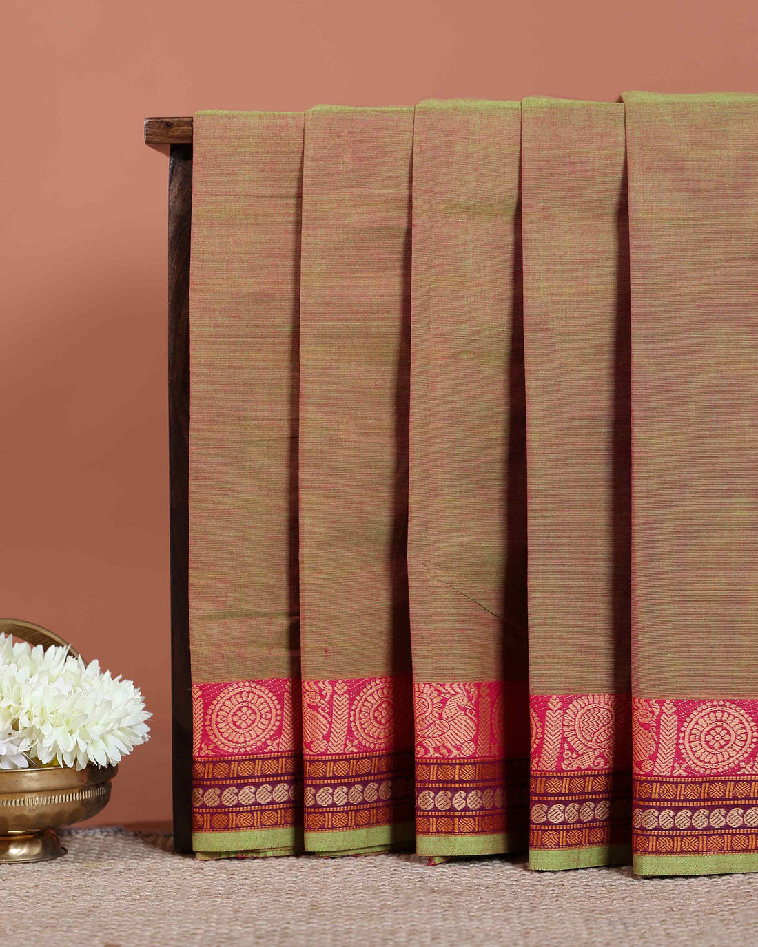 Traditional Chettinad Handloom Cotton Saree with Rich Jacquard Woven Temple and Paisley Border -Olive Green