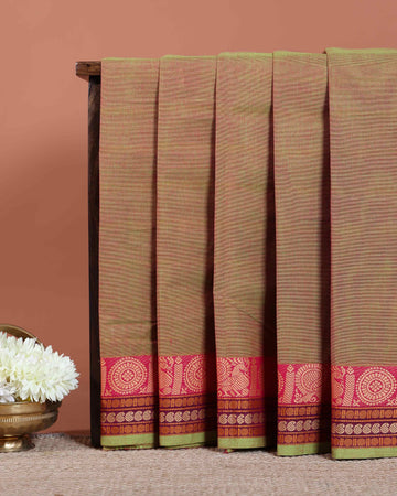 Traditional Chettinad Handloom Cotton Saree with Rich Jacquard Woven Temple and Paisley Border -Olive Green