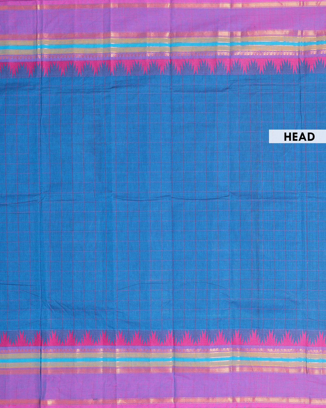 Traditional Chettinad Handloom Cotton Saree with Striped Body and Temple Border - Blue