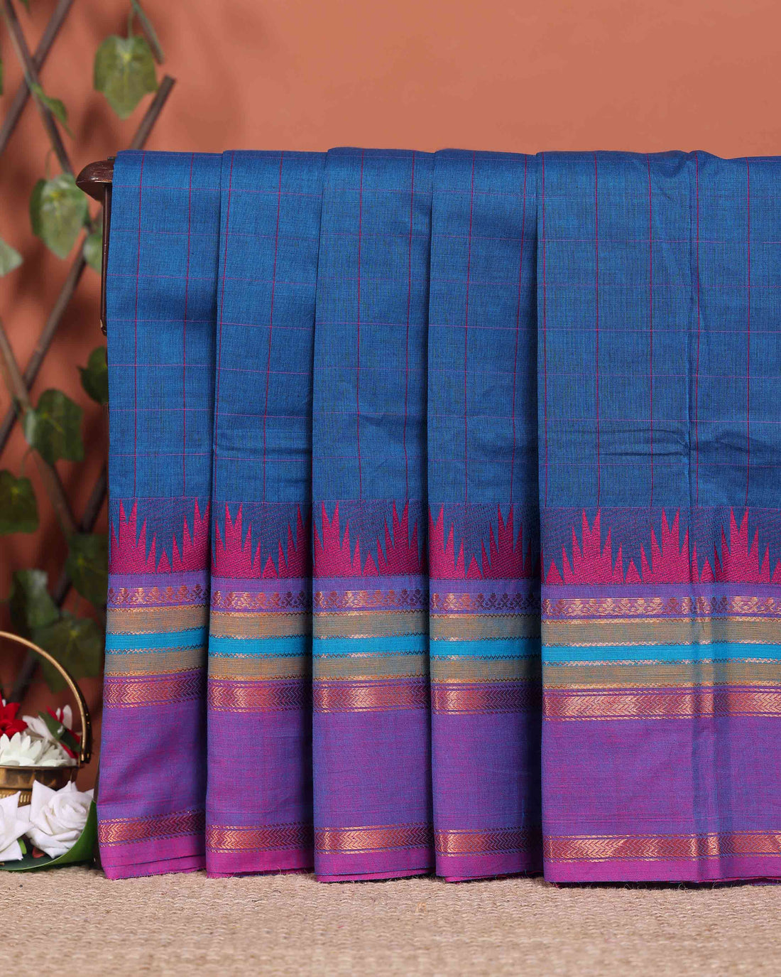 Traditional Chettinad Handloom Cotton Saree with Striped Body and Temple Border - Blue