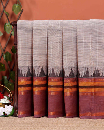 Traditional Chettinad Handloom Cotton Saree with Striped Body and Temple Border - Sandal