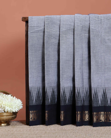 Traditional Chettinad Handloom Cotton Saree with Temple Border and Traditional Zari Weaving - Grey