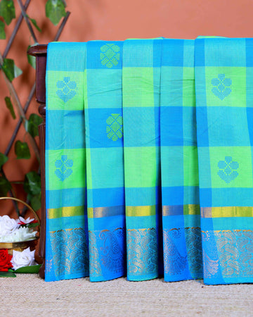 Traditional Chettinad Handloom Saree with Temple Border and Traditional Motifs - Green