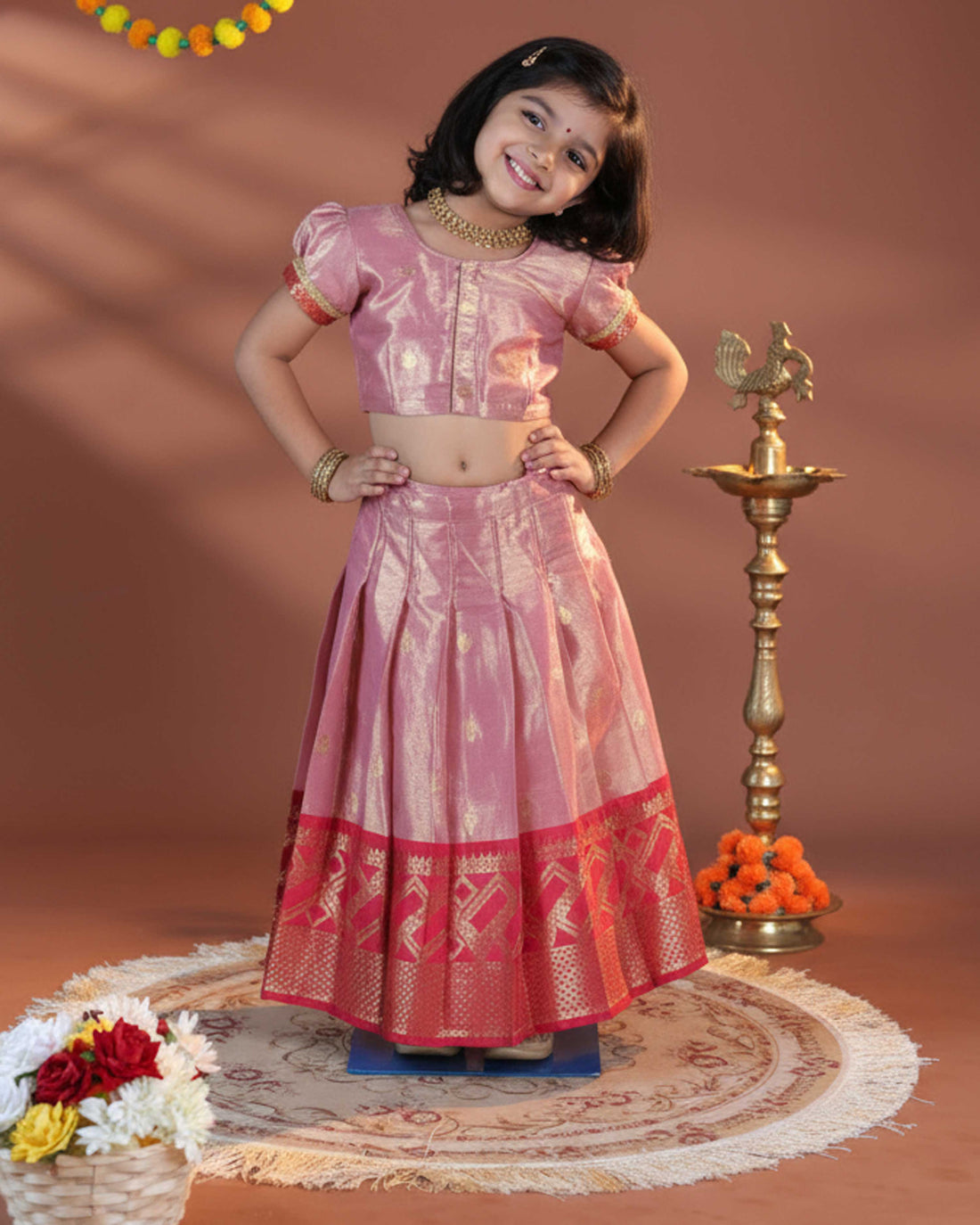 Girls' Traditional Ethnic Dhavani Set with Zari Brocade - Pink