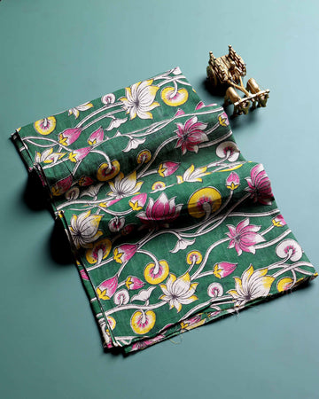 Traditional Floral Block Print Unstitched Blouse Material - Green