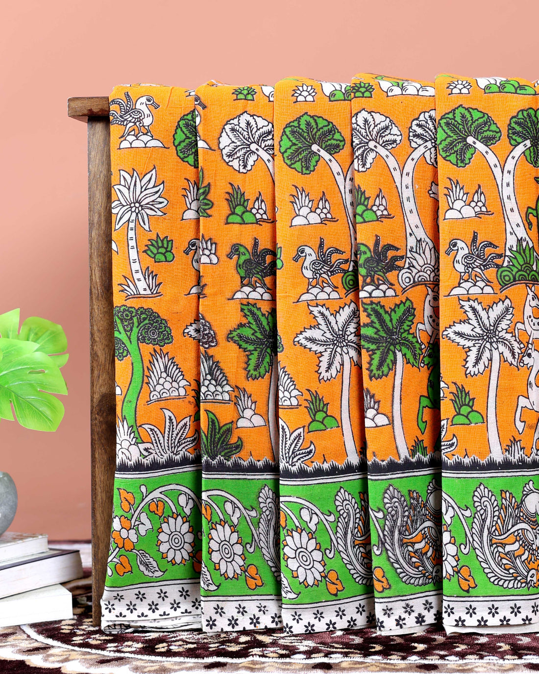 Traditional Hand-Painted Kalamkari Cotton Saree with Nature & Wildlife Motifs - Yellow