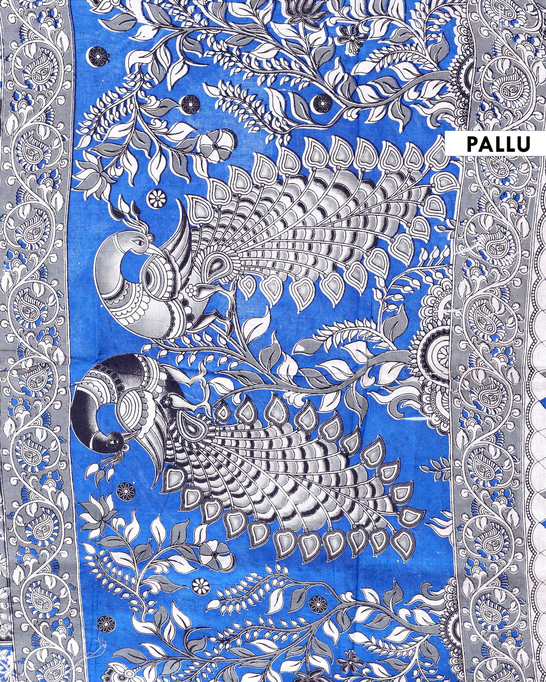 Traditional Hand-Painted Kalamkari Cotton Saree with Traditional Floral & Leaf Motifs - Grey