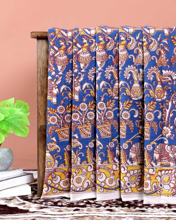 Traditional Hand-Painted Kalamkari Cotton Saree with Traditional Motifs - Blue