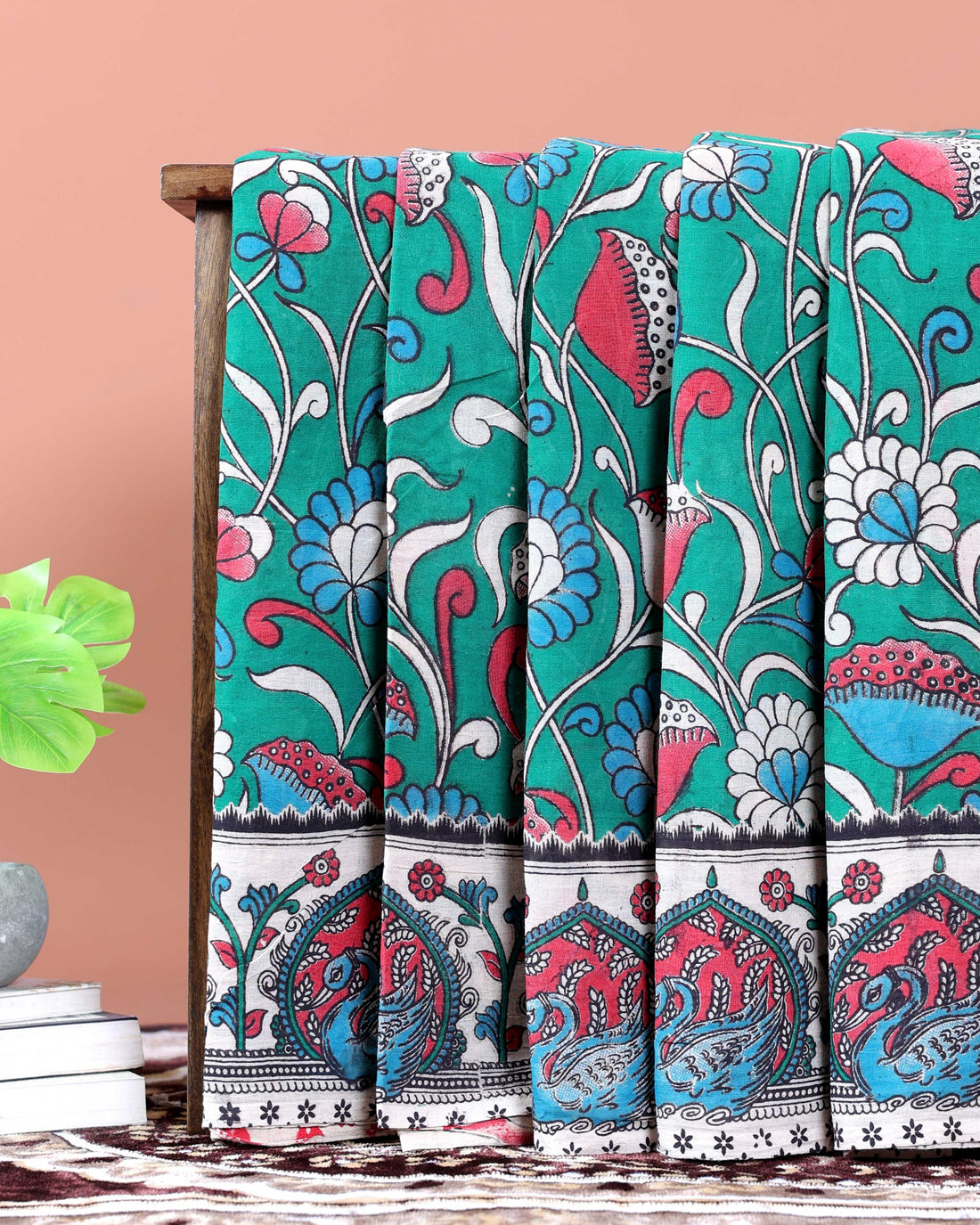 Traditional Hand-Painted Kalamkari Cotton Saree with Traditional Motifs - Green