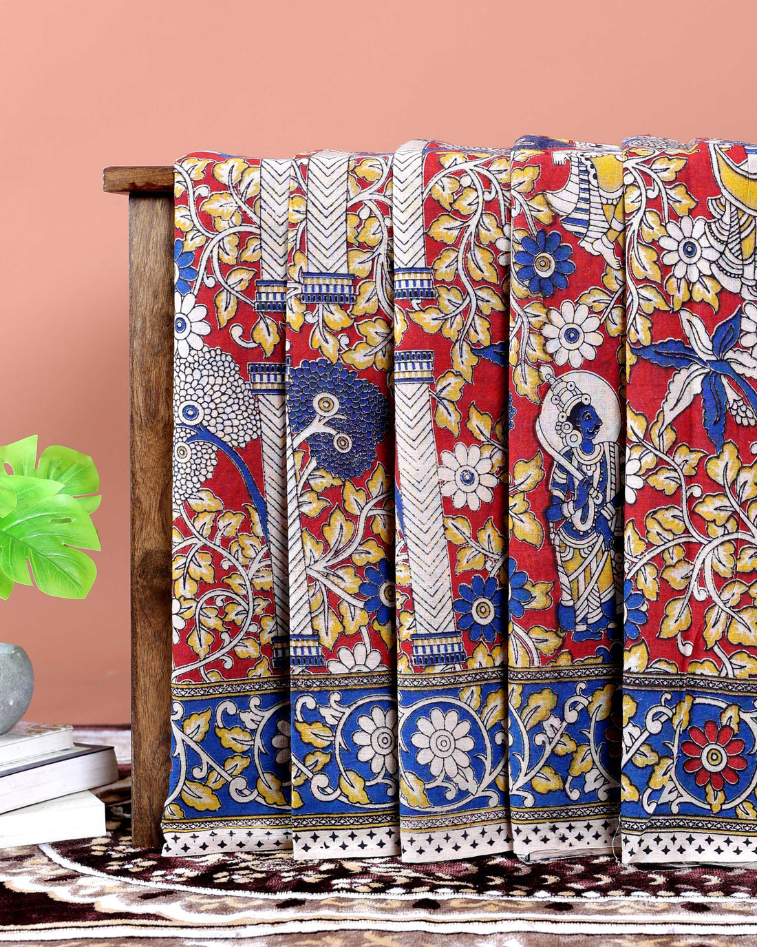 Traditional Hand-Printed Kalamkari Cotton Saree with Intricate Motifs - Red