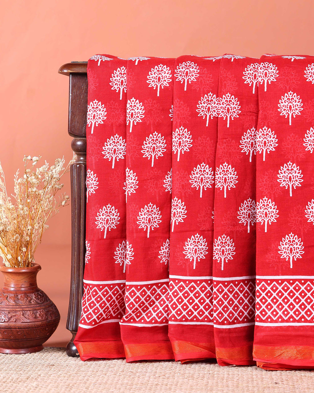 Traditional Hand Block Print Mulmul Saree with Geometric Border - Red