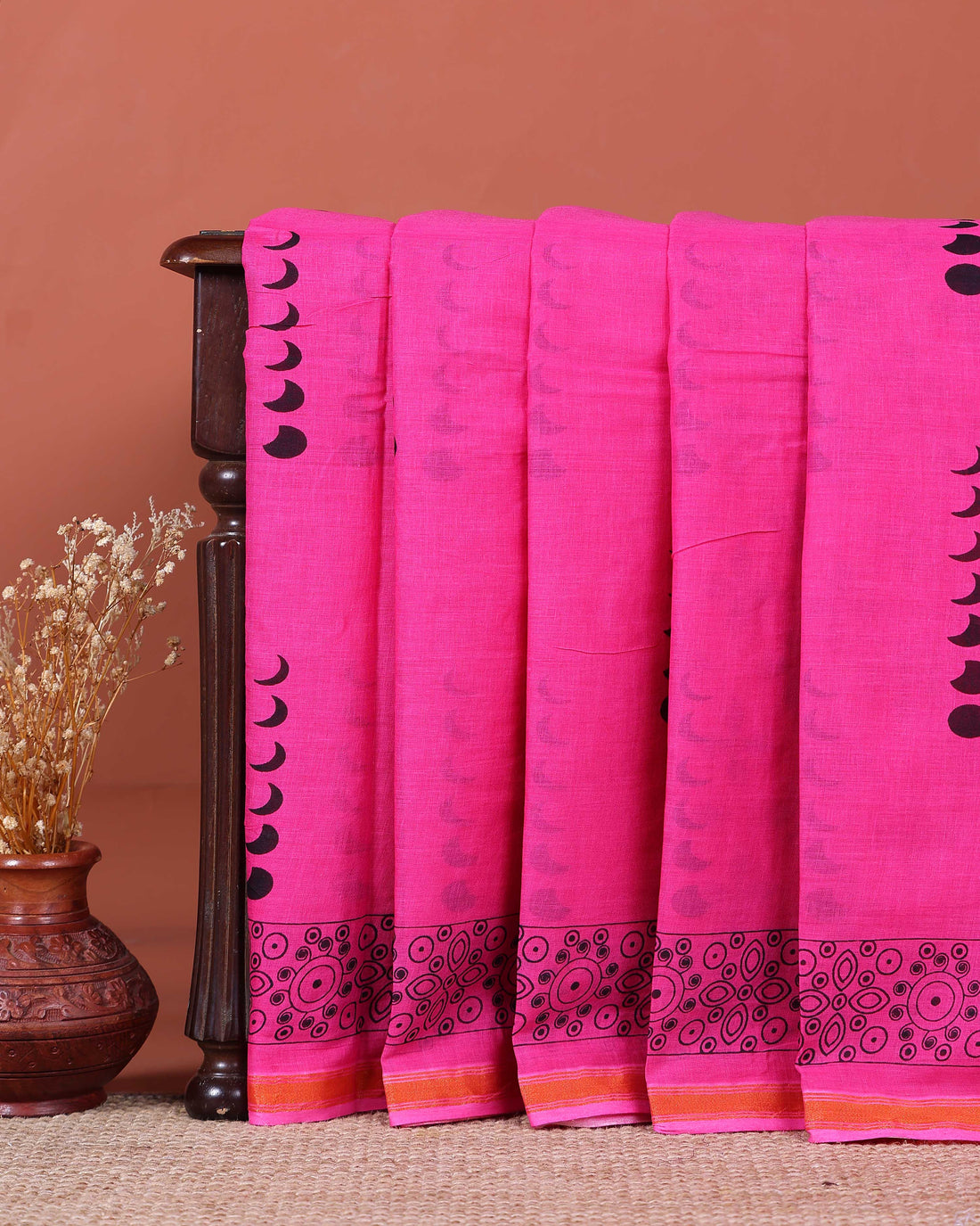 Traditional Hand Block Printed Mul Mul Cotton Saree with Floral Border - Pink