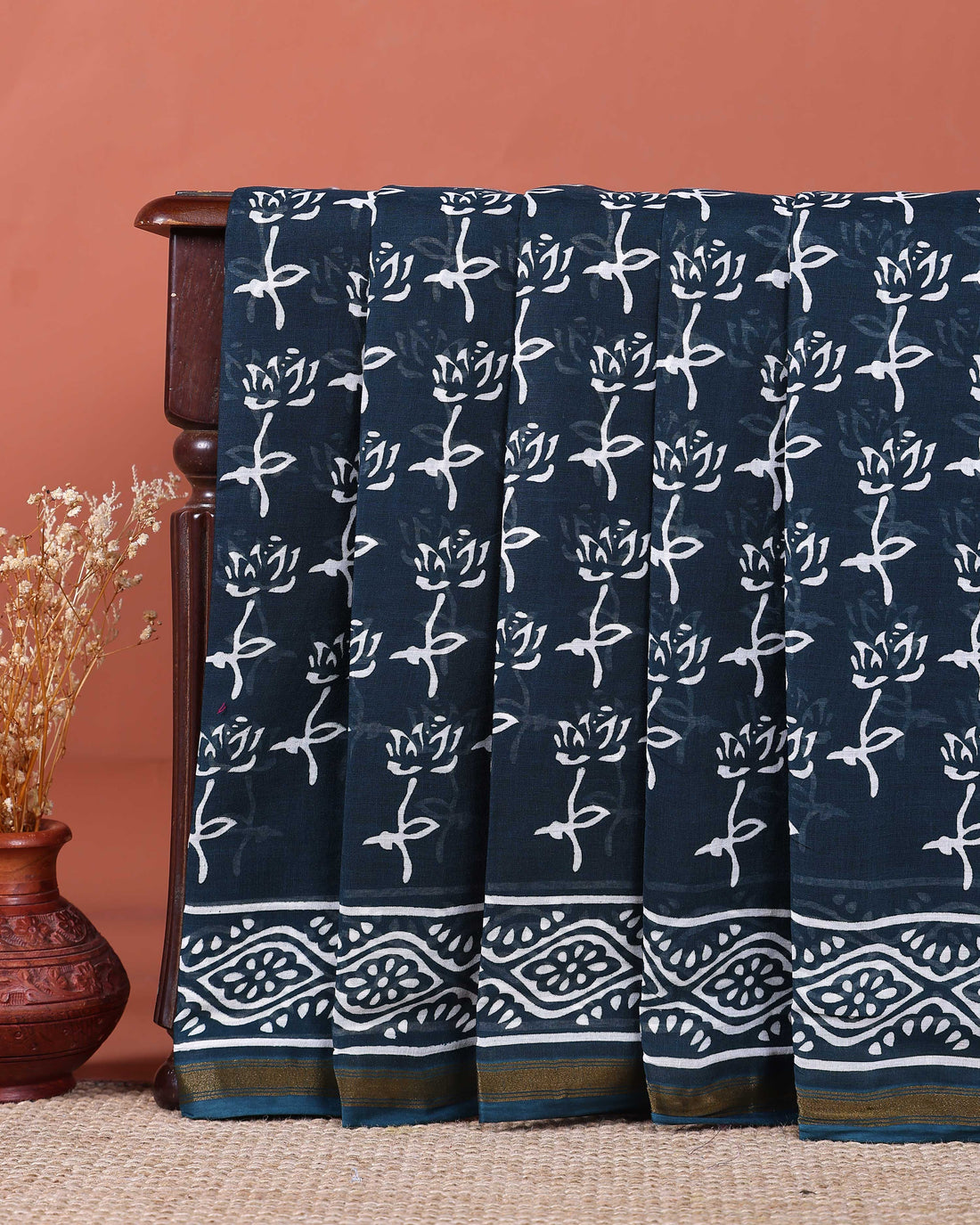 Traditional Hand Block Printed Mul Mul Cotton Saree with Floral Motifs - Dark Teal